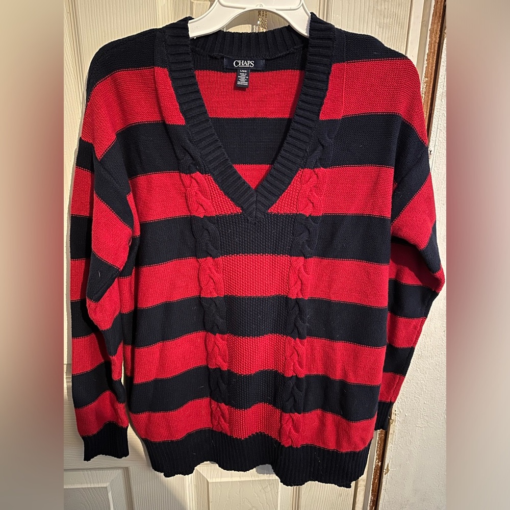 EUC Chaps red and navy striped cable knit sweater L